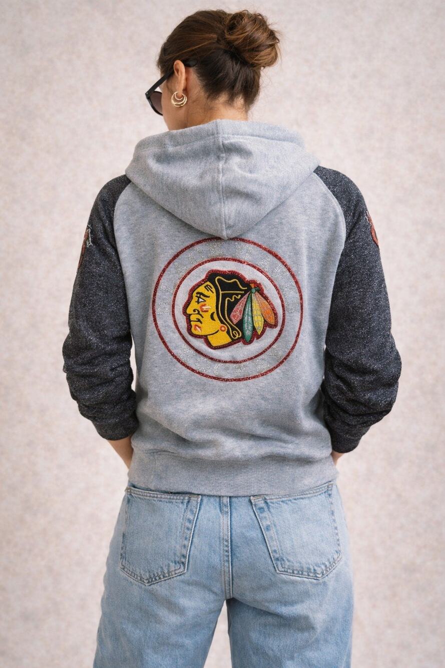Chicago Blackhawks Sparkle Zip Hoodie Large Metallic Glam NHL Hockey Jacket Y2K